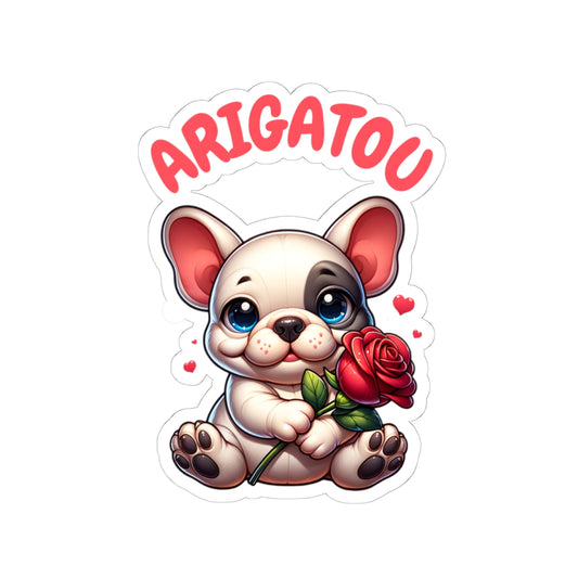 ARIGATOU Kiss-Cut Sticker – Kawaii Frenchie with Rose