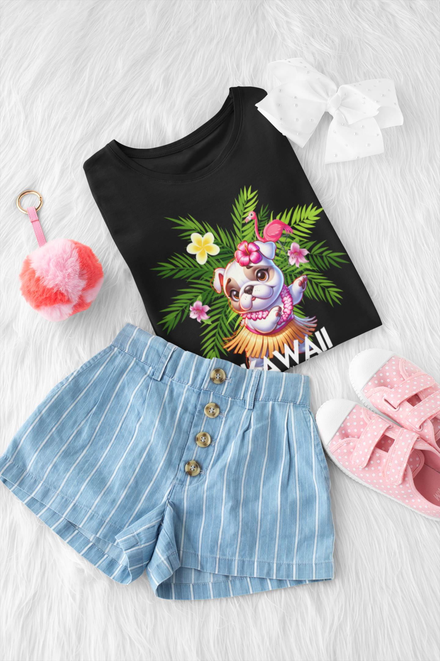 Hula Bulldog Kids Tee Shirt, Cute Hawaiian Frenchie Tee for kids