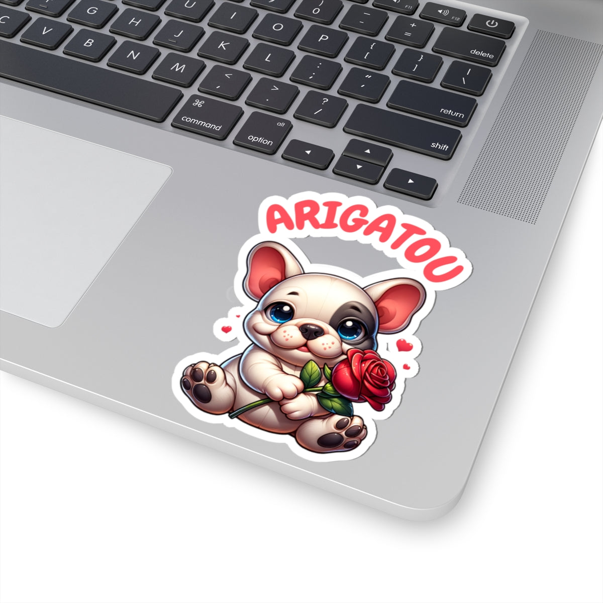 ARIGATOU Kiss-Cut Sticker – Kawaii Frenchie with Rose