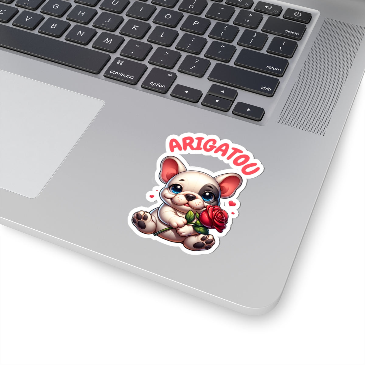 ARIGATOU Kiss-Cut Sticker – Kawaii Frenchie with Rose