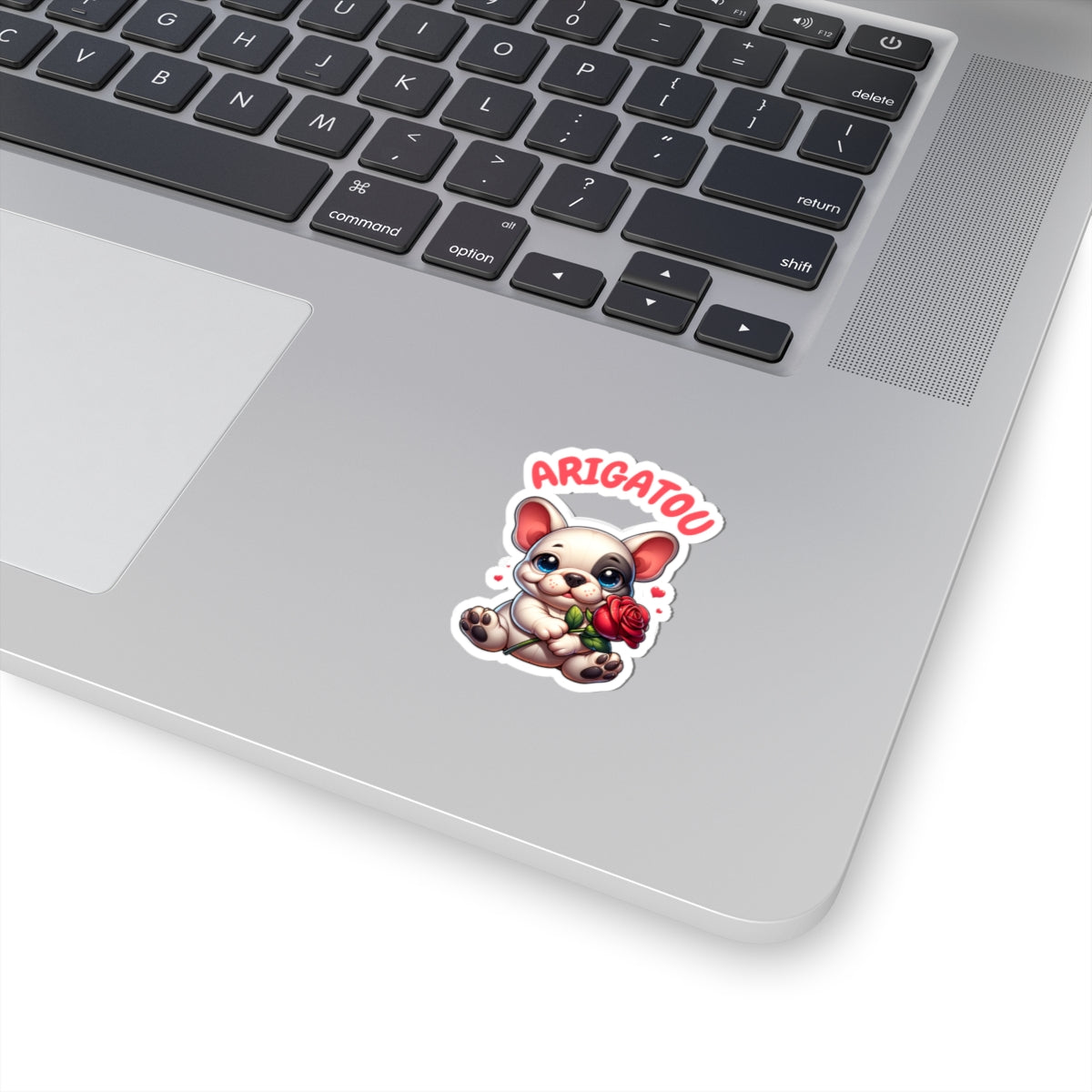 ARIGATOU Kiss-Cut Sticker – Kawaii Frenchie with Rose