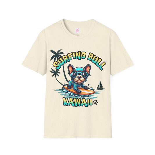 Surfing Bull T-Shirt – French Bulldog Kawaii Style (Unisex)