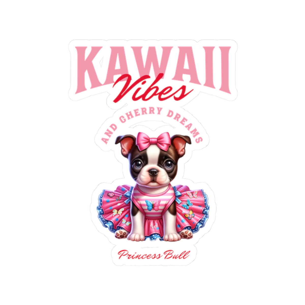 Princess Bull Kiss-Cut Sticker – Kawaii French Bulldog Sticker, Cherry Dreams Aesthetic, Cute Dog Laptop Decal, Planner or Gift
