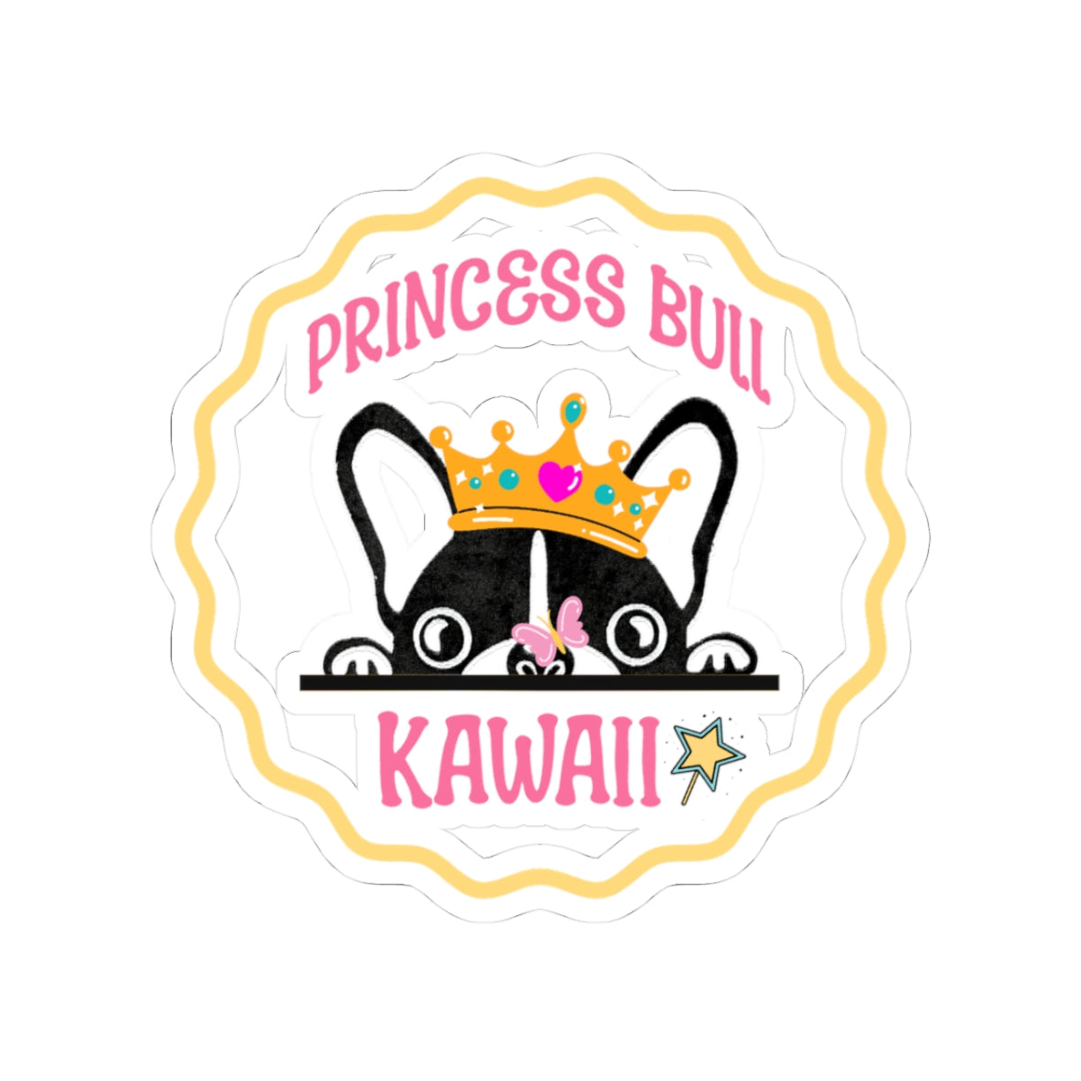 Princess Bull Kawaii Kiss Cut Sticker – French Bulldog with Crown & Butterfly – Cute Dog Sticker