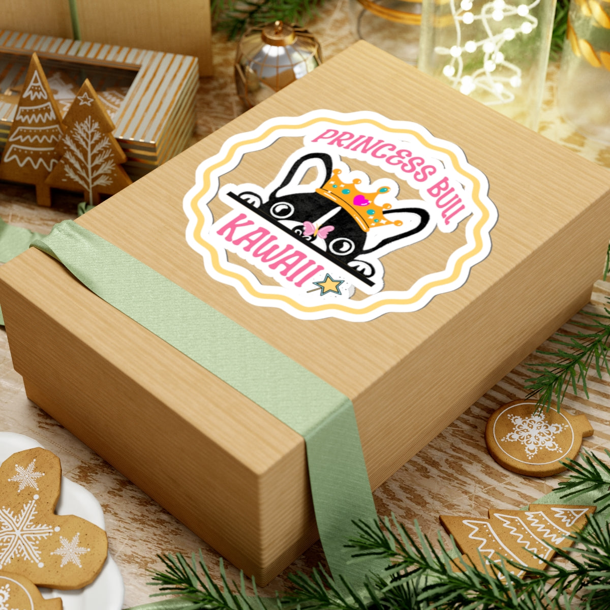 Princess Bull Kawaii Kiss Cut Sticker – French Bulldog with Crown & Butterfly – Cute Dog Sticker