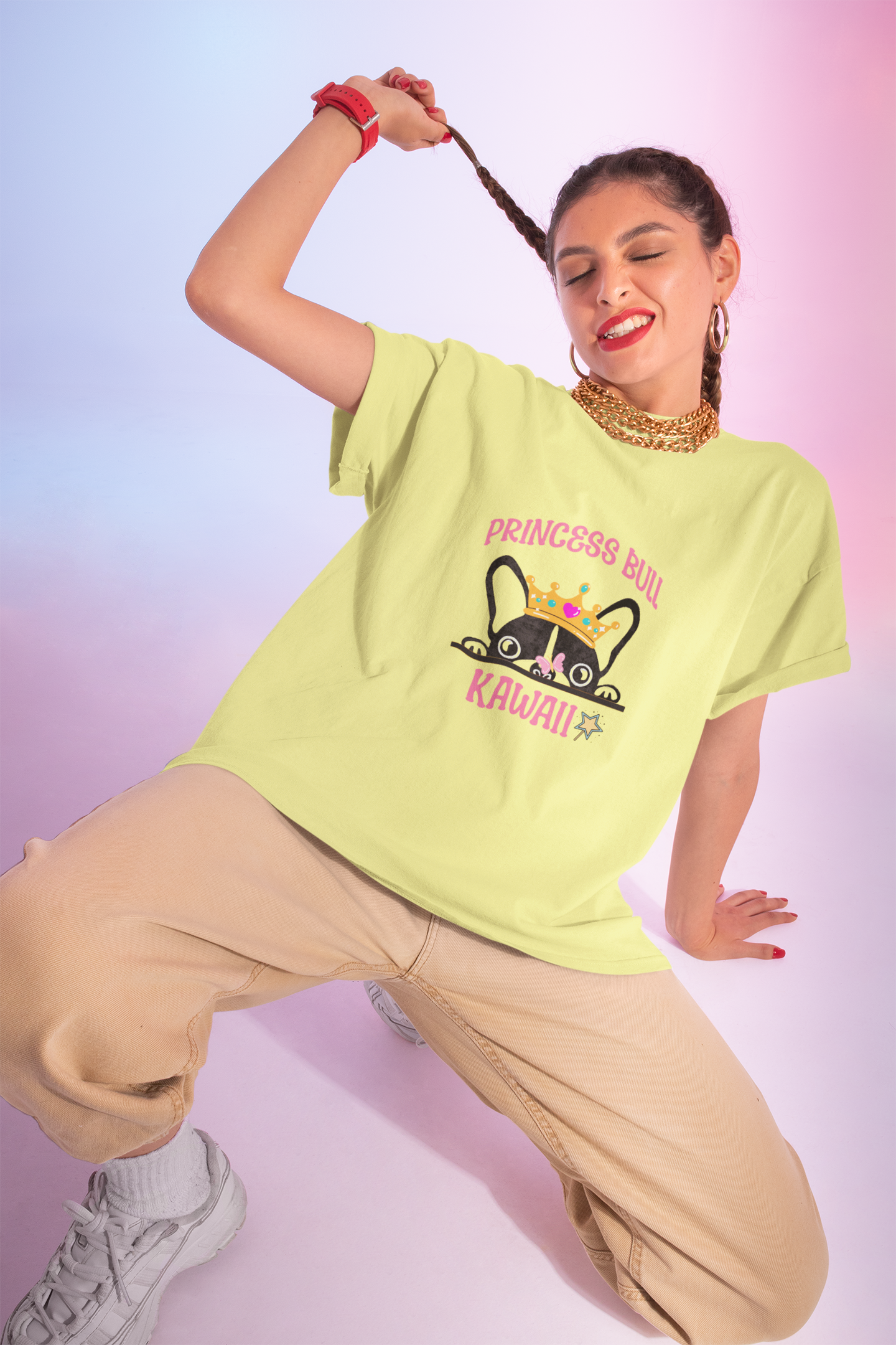 Princess Bull Kawaii T-Shirt (Bella+Canvas), French Bulldog with Crown | Pastel Colors | Cute Japanese-Inspired Design