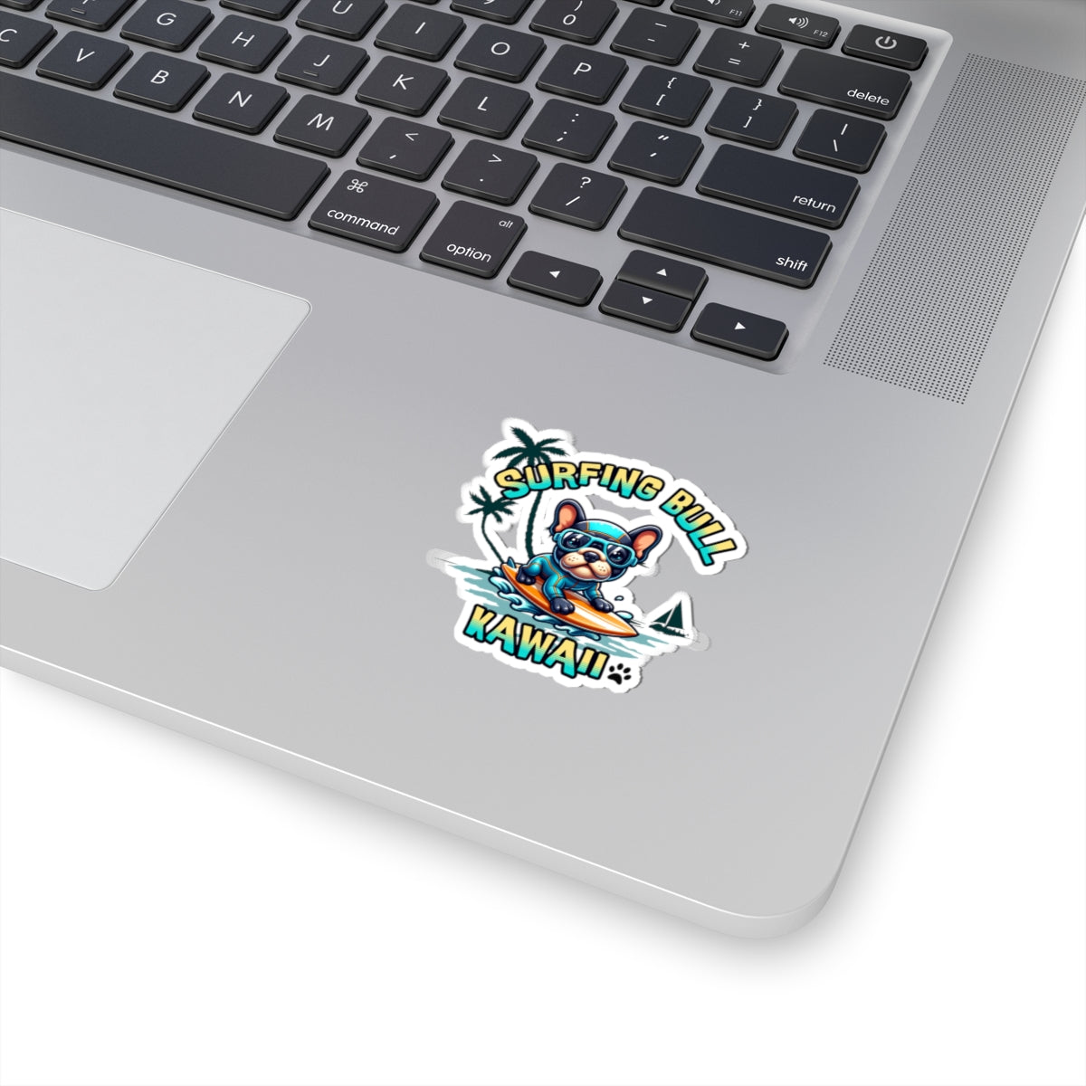Surfing Bull Kiss Cut Sticker – French Bulldog Kawaii Style