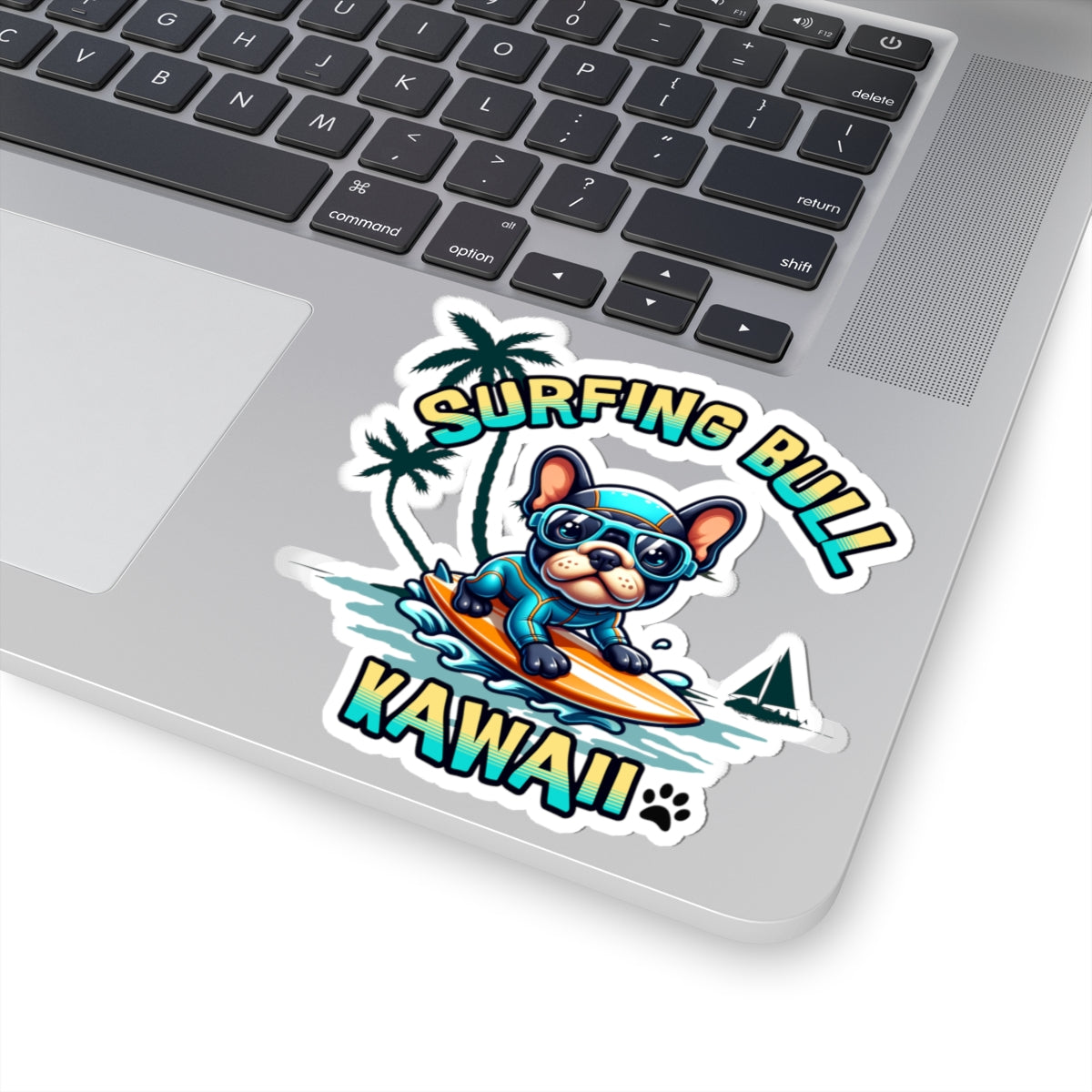 Surfing Bull Kiss Cut Sticker – French Bulldog Kawaii Style