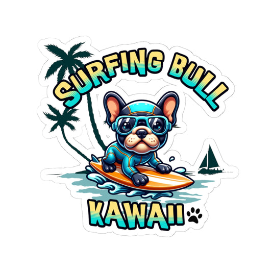 Surfing Bull Kiss Cut Sticker – French Bulldog Kawaii Style