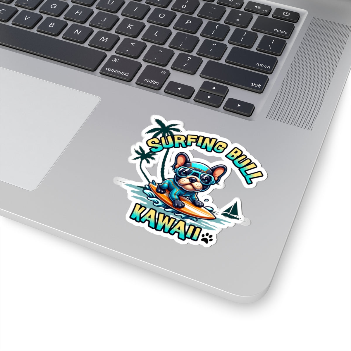 Surfing Bull Kiss Cut Sticker – French Bulldog Kawaii Style